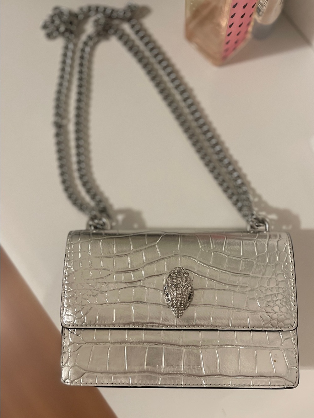 Kurt Geiger , Silver Croc-Embossed Chain Shoulder Bag